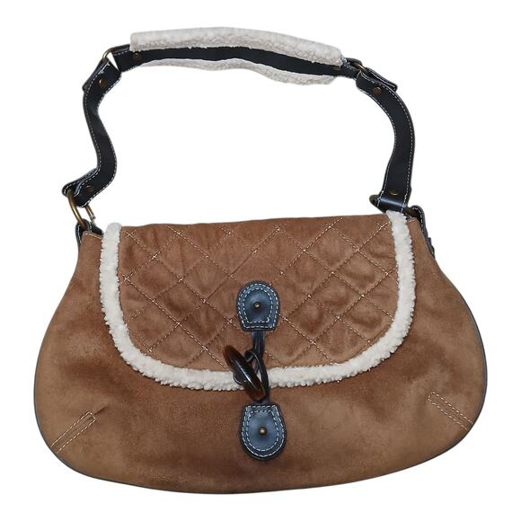 Old Navy Handbags - Old Navy Brown Faux Suede Sherpa Shoulder Bag Quilted Flap Buckle Boho Y2K